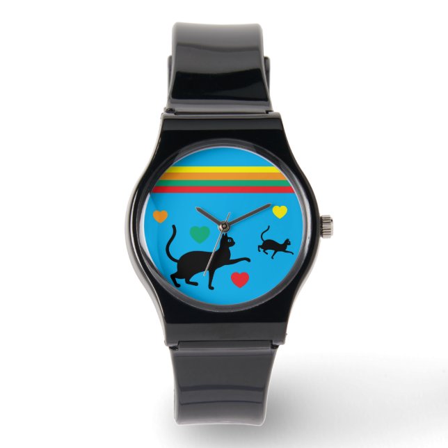 Relógio Pride Watch – Black Cats with Rainbow Hearts (Frente)
