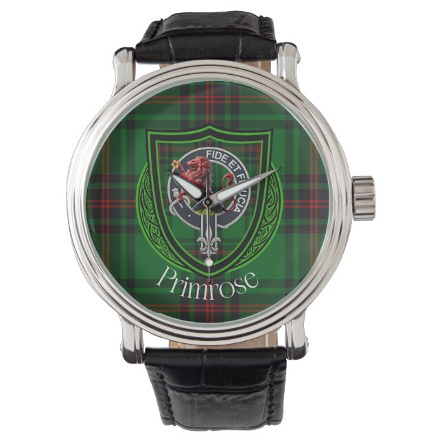 Relógio Primrose Scottish Clan Tartan & Crest (Frente)