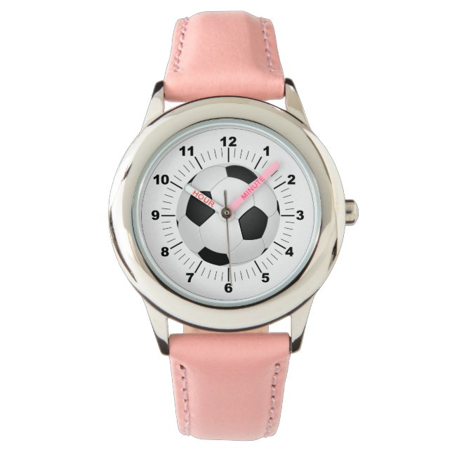 Relógio Proteção de couro rosa-de-bola-de-futebol infantil (Frente)