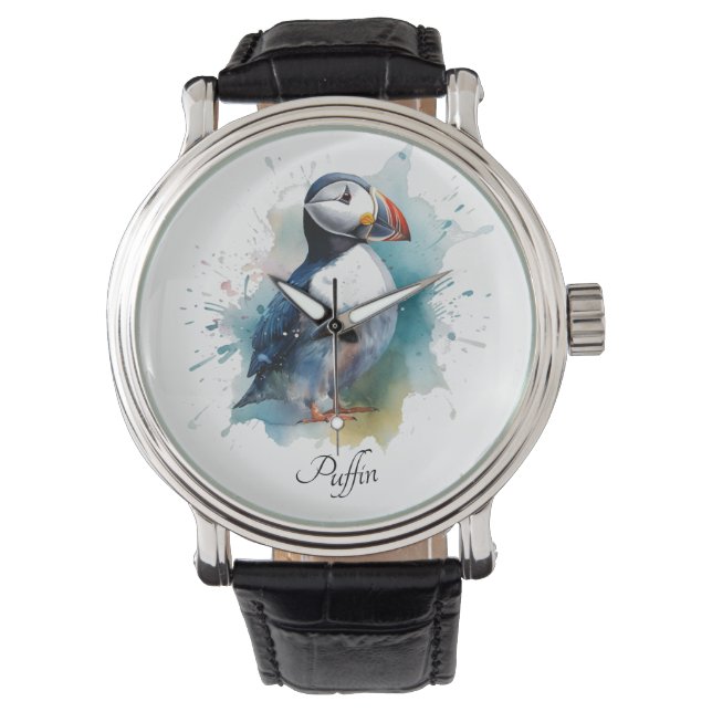 Relógio Puffin branco em cor azul-d'água, personalizável (Frente)