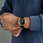 Relógio Pulseira de couro preto elegante para homens<br><div class="desc">Relógio masculino com pulseira de couro preto elegante com acentos em ouro rosa,  um mostrador estilo metal polido,  e números brancos.</div>