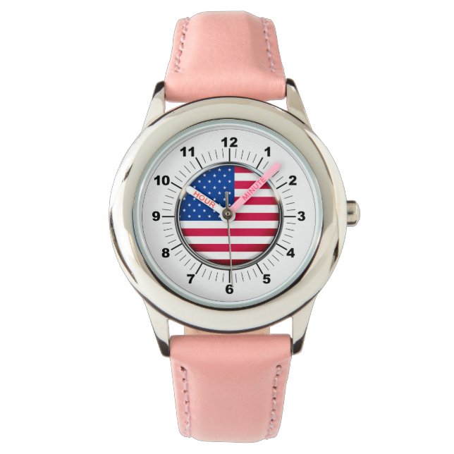 Relógio Pulseira rosa de couro rosa de aço inoxidável dos  (Frente)