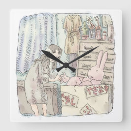 RELÓGIO QUADRADO さなごなじ 箪笥のあるお部屋で段ボールの中のウサギに手を差し伸べる女性のイラスト