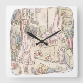 RELÓGIO QUADRADO さなごむじ お部屋の段ボールの中で震えているウサギを見ている女性のイラスト