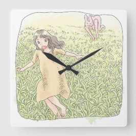 RELÓGIO QUADRADO さなしむじ 広い緑の草原を追いかける兎から走って逃げる橙色のワンピースの女性
