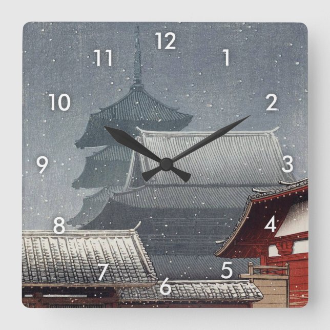 Relógio Quadrado 四天王寺, Shitennō-ji em Osaka, Hasui Kawase, Woodcut (Frente)