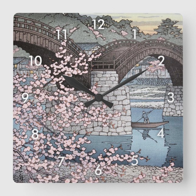 Relógio Quadrado 錦帯橋の春宵, primavera na ponte de Kintai, Hasui Kawase (Frente)