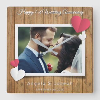 Relógio Quadrado 1º Aniversário de Casamento – Madeira Rústica & Co
