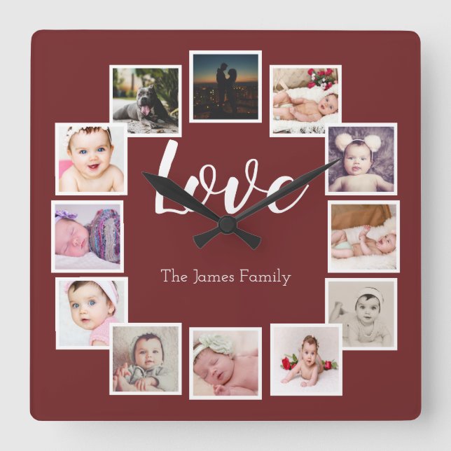 Relógio Quadrado 12 Colagem de Fotografias Personalizada Burgundy (Frente)