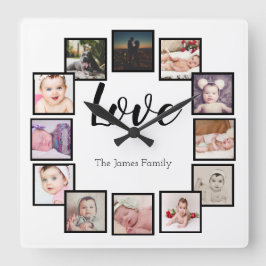 Relógio Quadrado 12 Colagem de Fotos Branco Personalizado