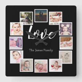 Relógio Quadrado 12 Família LOVE Personalizada de Colagem de Fotos