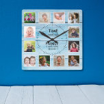 Relógio Quadrado 12 Fotografia Horário da Família Citação Blue Wood<br><div class="desc">Relógio de fotos russo com a inspiradora citação da família "O tempo passado com a família vale a cada segundo". Personalize com 12 fotos da sua família favorita.</div>