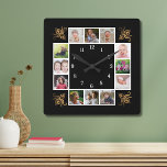 Relógio Quadrado 12 Photo Collage Create Your Own Gold Black<br><div class="desc">Create your own photo collage wall clock with 12 of your favorite pictures. The photo frame clock  helps you treasure your special moments and also makes a thoughtful gift for parents, grandparents and friends. The personalized family clock makes an unique gift for all occasions.</div>