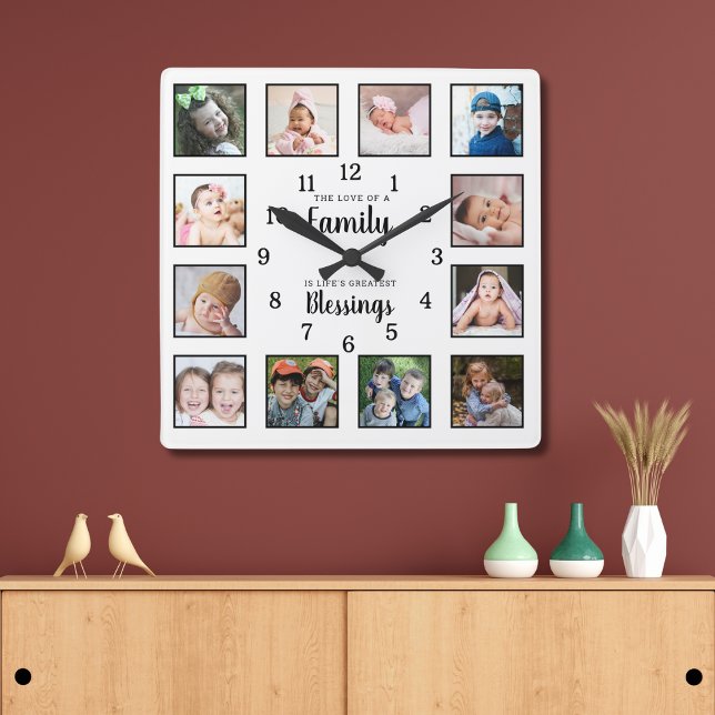 Relógio Quadrado 12 Photo Collage Family Love Blessings Quote White (Criador carregado)