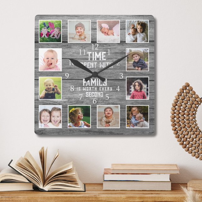 Relógio Quadrado 12 Photo Collage Family Quote Farmhouse Gray Wood (Criador carregado)