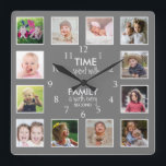 Relógio Quadrado 12 Photo Template Time With Family Quote Gray<br><div class="desc">Custom photo clock with the inspiring family quote "Time spent with family is worth every second”. Personalize with 12 of your favorite family photos.</div>