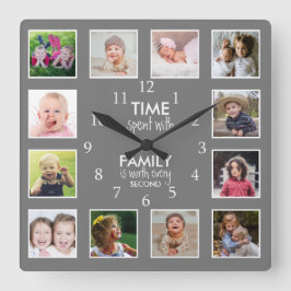 Relógio Quadrado 12 Photo Template Time With Family Quote Gray