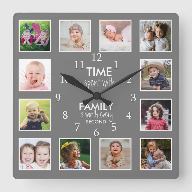 Relógio Quadrado 12 Photo Template Time With Family Quote Gray (Frente)