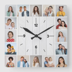 Relógio Quadrado 16 Colagem de Fotos Cerca De Madeira Branca Rústi