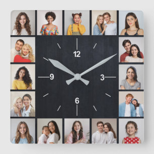 Relógio Quadrado 16 Colagem de Fotos Cerca de Madeira Falsa Escura