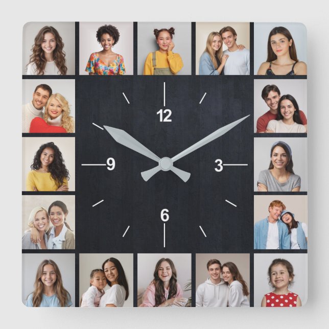 Relógio Quadrado 16 Colagem de Fotos Cerca de Madeira Falsa Escura (Frente)