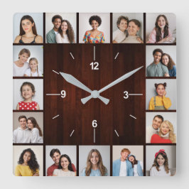 Relógio Quadrado 16 Colagem de Fotos Cerca de Madeira Falsa Vermelh