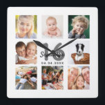 Relógio Quadrado 16th birthday custom photo collage girl milestone<br><div class="desc">A wall clock as a gift for a Sweet 16, 16th birthday for a girl, celebrating her life with a collage of 8 of your photos. Personalize and add a name, age 16 and a date. Date of birth or the date of the anniversary. Black and gray colored letters. A...</div>