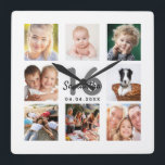 Relógio Quadrado 16th birthday custom photo collage girl milestone<br><div class="desc">A wall clock as a gift for a Sweet 16, 16th birthday for a girl, celebrating her life with a collage of 8 of your photos. Personalize and add a name, age 16 and a date. Date of birth or the date of the anniversary. Black and gray colored letters. A...</div>