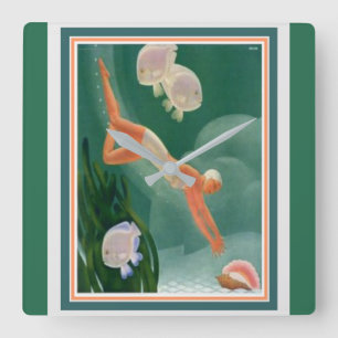 Relógio Quadrado 1930 Art Deco Swimmer/Resort Ad Wall Clock