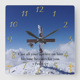 Relógio Quadrado 1 Peter 5:7 moutain pico