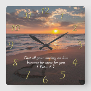 Relógio Quadrado 1 Peter 5:7 Oceano cristão com pôr do sol