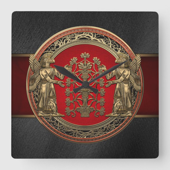 Relógio Quadrado [200] Dois Ninurtas Dourados com Árvore da Vida (Frente)