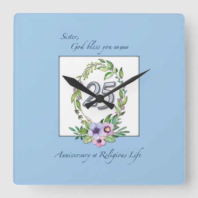Relógio Quadrado 25 aniversário da Católica Nun Wreath e Silver (Frente)