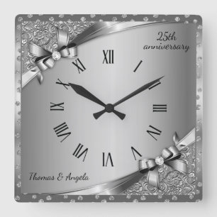 Relógio Quadrado 25 de luxo Aniversário Silver Metálico e Diamant