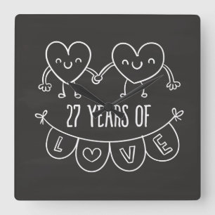 Relógio Quadrado 27th Anniversary Gift Chalk Hearts