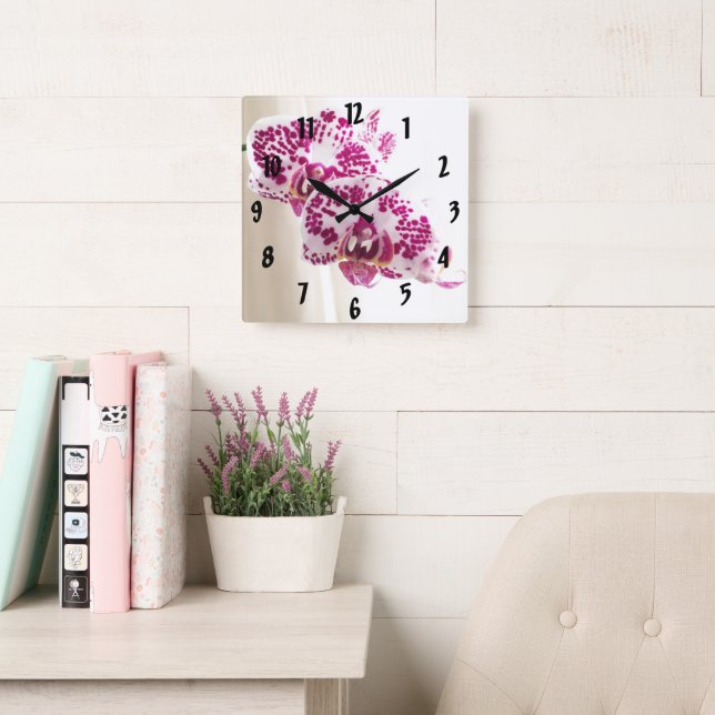 Relógio Quadrado 2 Orquídea Branca Roxa Ela Pronta (Sala de leitura)