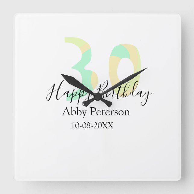Relógio Quadrado 30th birthday bold letter pastel yellow black retr (Frente)
