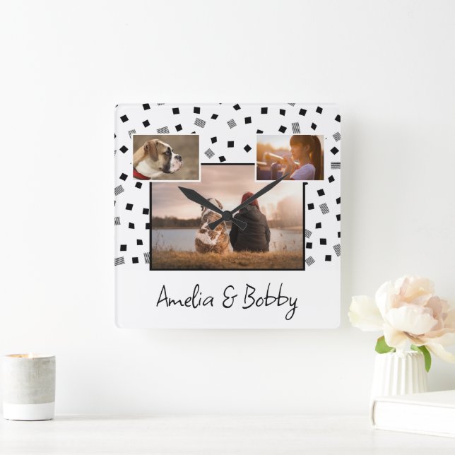 Relógio Quadrado 3 Foto Colagem Moderna de Preto Natal Branco (Lar)