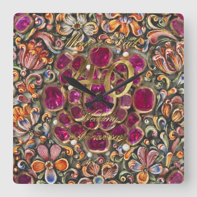 Relógio Quadrado 40º aniversário do casamento Ruby Wedding Parents (Frente)