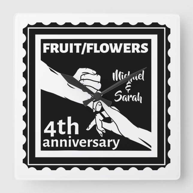 Relógio Quadrado 4.º aniversário de casamento com mãos românticas (Frente)