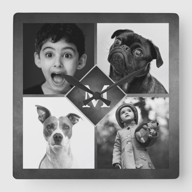 Relógio Quadrado 4 Famílias Fotos Colagem Monograma Preto (Frente)