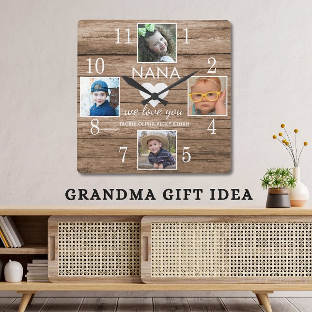 Relógio Quadrado  4 Foto: Rústico Barão Wood Te Ama Netos Nana  (4 Photo Rustic Barn Wood Love You Nana Grandkids Square Wall Clock-grandma gift idea)