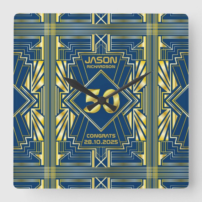 Relógio Quadrado 50º aniversário Art Deco Dourado Excelente Azul Ga (Frente)