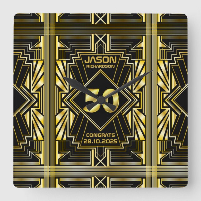 Relógio Quadrado 50º aniversário Art Deco Dourado Excelente Negro G (Frente)