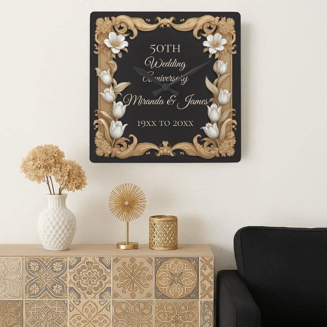 Relógio Quadrado 50 Wedding Anniversary Baroque Elegant Tulip Frame (50 Wedding Anniversary Baroque Elegant Tulip Frame Square Wall Clock)
