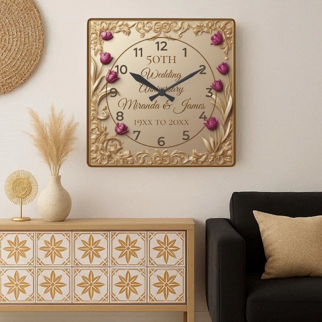 Relógio Quadrado 50 Wedding Anniversary Opulent Baroque Tulip Frame (50 Wedding Anniversary Opulent Baroque Tulip Frame Square Wall Clock)