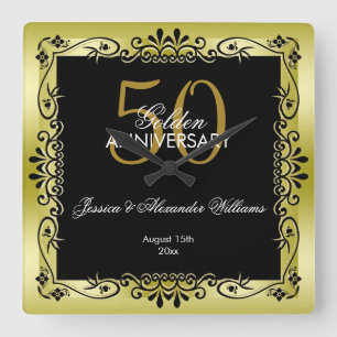 Relógio Quadrado 50th casamento quadro decorativo Dourado romântic