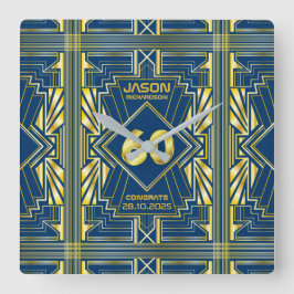 Relógio Quadrado 60º aniversário Art Deco Dourado Excelente Azul Ga