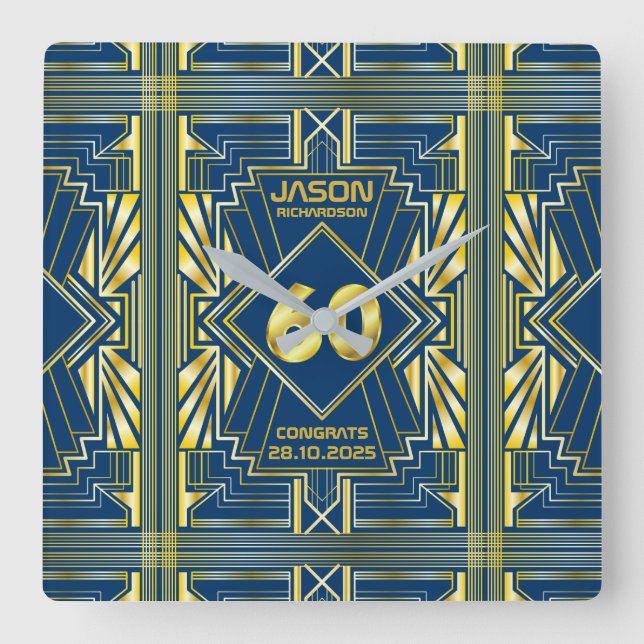 Relógio Quadrado 60º aniversário Art Deco Dourado Excelente Azul Ga (Frente)
