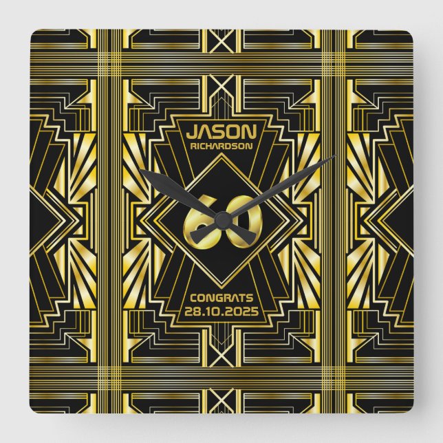Relógio Quadrado 60º aniversário Art Deco Dourado Excelente Negro G (Frente)